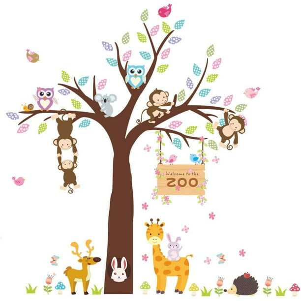 TREE WALL STICKERS Kids Baby Room Animals MONKEY ELEPHANT DEER OWL Removable